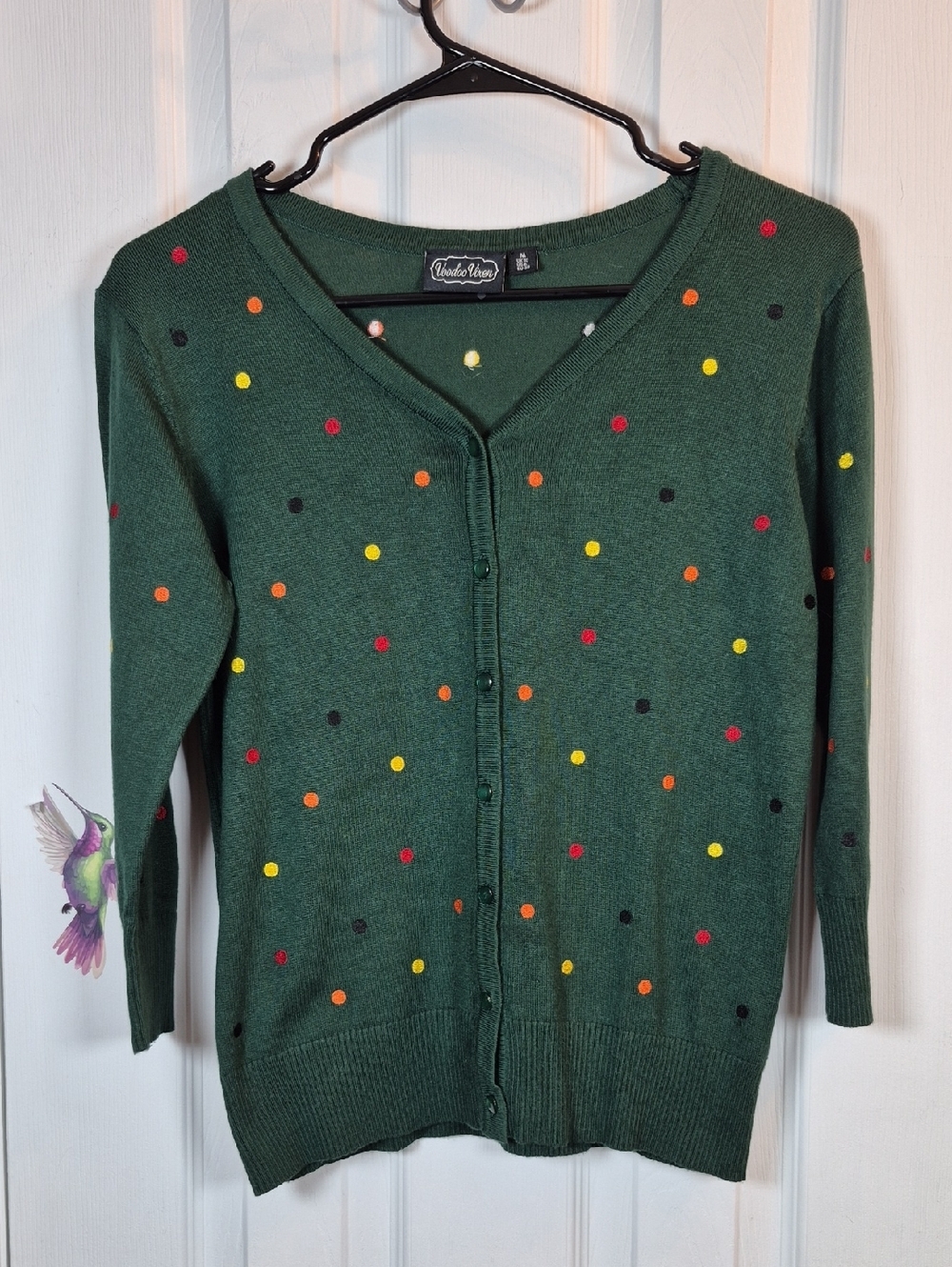 Voodoo Vixen Green Polka Dot Cardigan Retro 50s Twee V-Neck Knit M